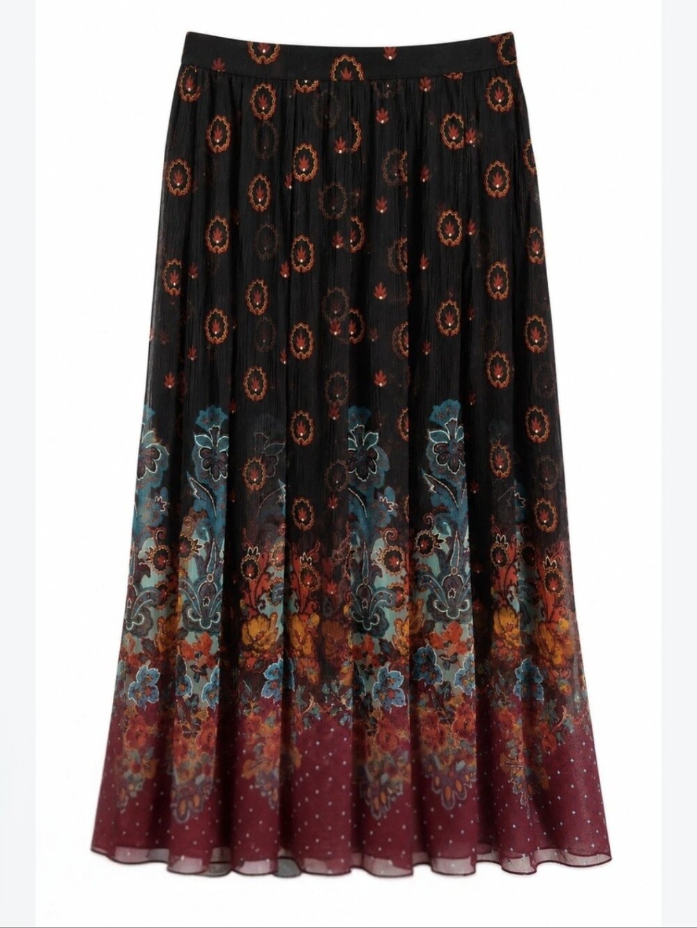 Coldwater Creek 100% Silk Floral Pleated Maxi Skirt Boho PS Petite